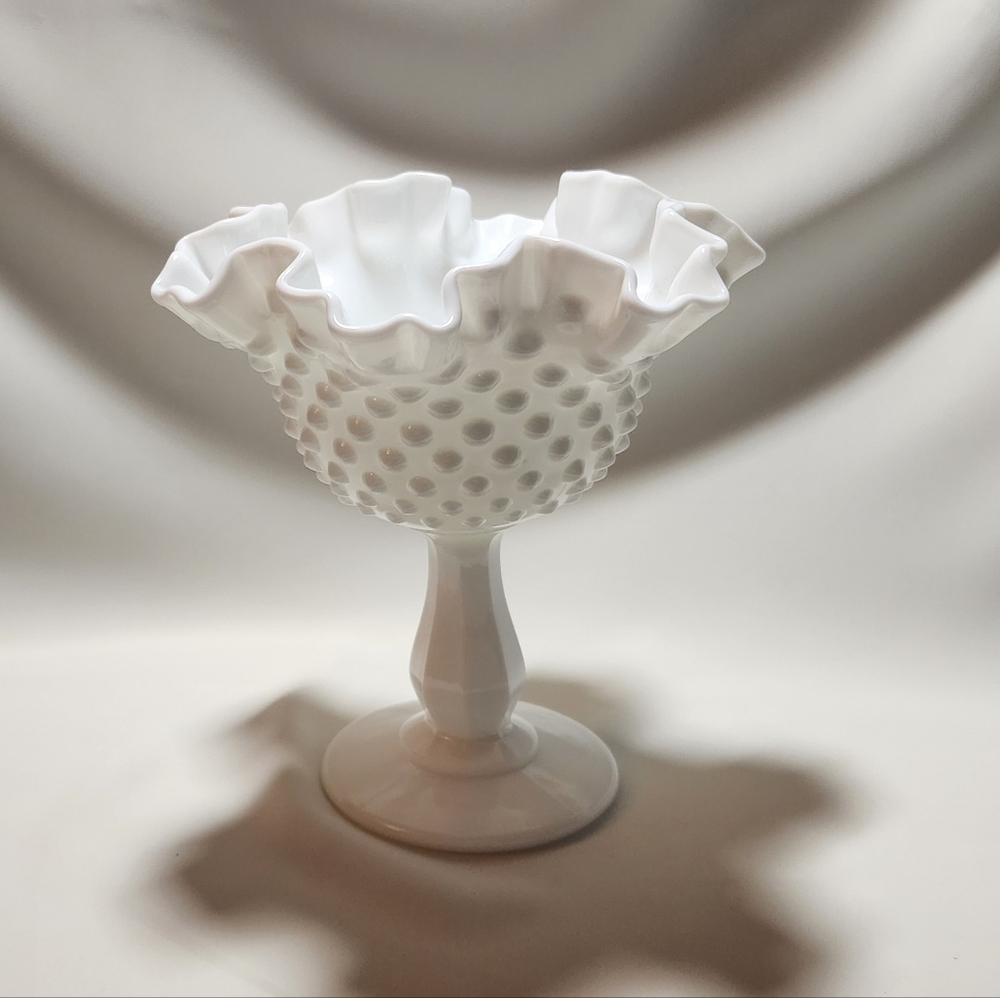 Vintage Fenton Milk Glass Hobnail Compote – Signed Fenton